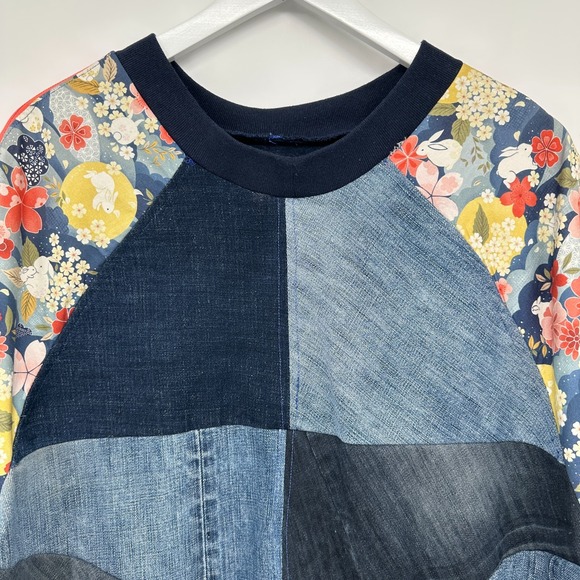 Vintage Upcycled Patchwork Top Shirt Size L XL Boho‎ Artsy Eclectic Denim Grunge - Picture 4 of 9